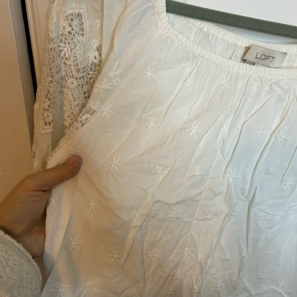 Nwt Loft White Embroidered Puff Eyelet Sleeve Cottagecore Blouse